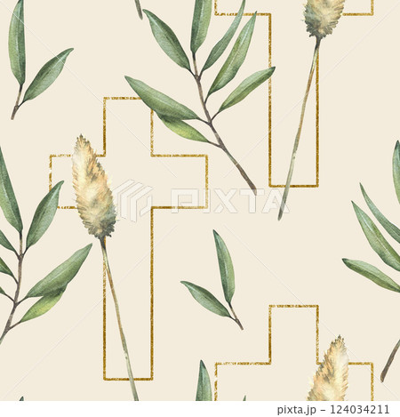 Golden Cross with olive tree branch and Pampas grass seamless pattern Watercolor painted illustration. Cross silhouette with dry herbs. Fabric for baptism, Easter on isolated beige coloured background 124034211