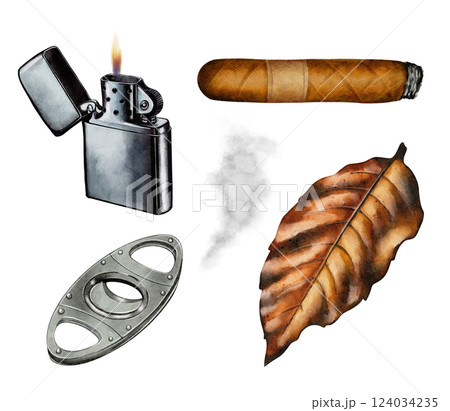 Cigar, Tobacco Leaf, Lighter, and Guillotine Watercolor Set Cigar, Tobacco Leaf, Lighter, and Guillotine Watercolor Set 124034235