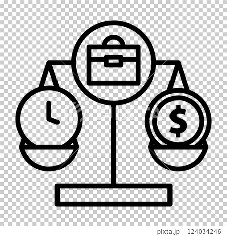 An image icon of equal pay for equal work. There is time and a dollar coin on the scales. 124034246