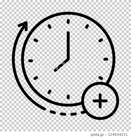 An icon showing overtime. There is a clock and an arrow indicating overtime. An icon showing overtime. There is a clock and an arrow indicating overtime. 124034251