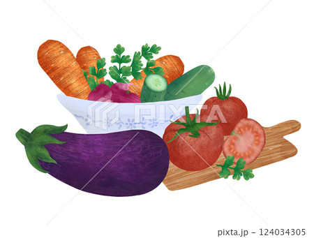 Composition: eggplant, tomatoes, carrots, cucumbers, radishes, parsley in a bowl on a white background Composition: eggplant, tomatoes, carrots, cucumbers, radishes, parsley in a bowl on a white background 124034305