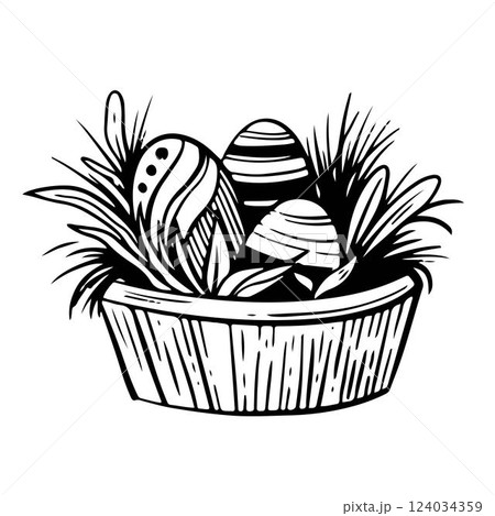 Black and White Sketch Easter Eggs in the basket. Spring holiday hand drawn illustration. Vector isolated elements. For cards, web, invitations, prints Black and White Sketch Easter Eggs in the basket. Spring holiday hand drawn illustration. Vector isolated elements. For cards, web, invitations, prints 124034359