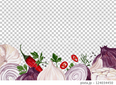 Vegetable frame. Red onion and garlic with herbs and pepper. Watercolor illustration isolated from background. Ingredients for cooking. Template for menu or brochure. High quality illustration 124034450