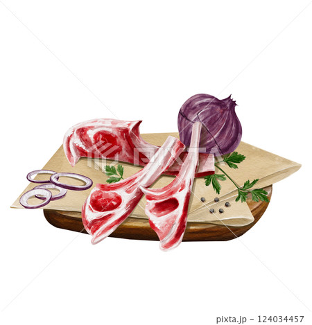 Meat on the bone lies on paper and board. Spices with onions. Barbecue set. Raw lamb. Watercolor illustration. Meat on parchment with spices. High quality illustration Meat on the bone lies on paper and board. Spices with onions. Barbecue set. Raw lamb. Watercolor illustration. Meat on parchment with spices. High quality illustration 124034457