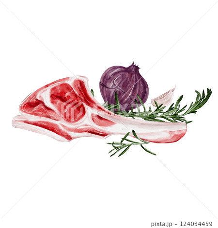 Meat on the bone with vegetables and herbs. Lamb for cooking. Red onion with garlic and rosemary. Watercolor illustration without background. Template for menu or recipe. High quality illustration 124034459