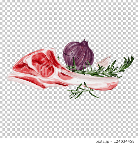 Meat on the bone with vegetables and herbs. Lamb for cooking. Red onion with garlic and rosemary. Watercolor illustration without background. Template for menu or recipe. High quality illustration 124034459