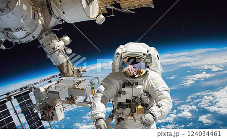 宇宙空間で船外活動をする宇宙飛行士 124034461