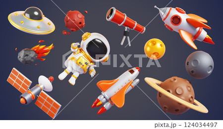 3d alien ufo, planets, astronaut, rocket, shuttle on background of outer space. Render cartoon set of childish spaceman, spaceship, telescope, satellite, falling meteorite in cosmos. 3D illustration 3d alien ufo, planets, astronaut, rocket, shuttle on background of outer space. Render cartoon set of childish spaceman, spaceship, telescope, satellite, falling meteorite in cosmos. 3D illustration 124034497