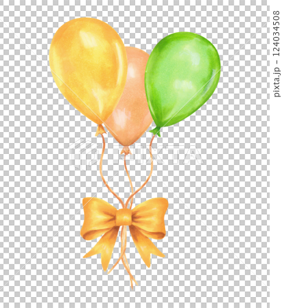 Balloon composition tied together with yellow ribbon bow. Watercolor and marker illustrations. Hand drawn isolated art. For St. Patrick's Day party, birthday, kids party, greetings, gifts. 124034508