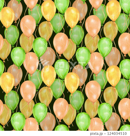 Pattern with balloons. Watercolor and marker illustration. Seamless background for birthday, patrick's day. Hand drawn isolated art. Suitable for textile, wallpaper, packaging, gift wrap, stationery. Pattern with balloons. Watercolor and marker illustration. Seamless background for birthday, patrick's day. Hand drawn isolated art. Suitable for textile, wallpaper, packaging, gift wrap, stationery. 124034510
