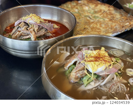 Mul Naengmyeon (Cold Noodles)Bibim Naengmyeon (Spicy Cold Noodles),Yukjeon (Korean Beef Pancake) Mul Naengmyeon (Cold Noodles)Bibim Naengmyeon (Spicy Cold Noodles),Yukjeon (Korean Beef Pancake) 124034539