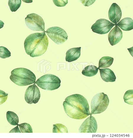 Clover green leaves watercolor seamless pattern. Botanical hand painted illustration. Wildflowers leaf, floral good luck, St Patricks Day symbol for fabric, package on Isolated coloured background Clover green leaves watercolor seamless pattern. Botanical hand painted illustration. Wildflowers leaf, floral good luck, St Patricks Day symbol for fabric, package on Isolated coloured background 124034546