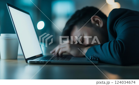 仕事の重圧に押しつぶされ、疲れ果てたプロフェッショナルが机にうつ伏せている 仕事の重圧に押しつぶされ、疲れ果てたプロフェッショナルが机にうつ伏せている 124034674