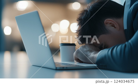 仕事の重圧に押しつぶされ、疲れ果てたプロフェッショナルが机にうつ伏せている 124034675