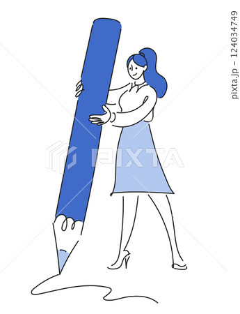 Businesswoman signs with a big pen, business development concepts, career, signing documents and resume. Vector linear doodle drawing. 124034749
