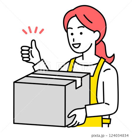 荷物を運びながらグッドサインをする女性の店員 荷物を運びながらグッドサインをする女性の店員 124034834