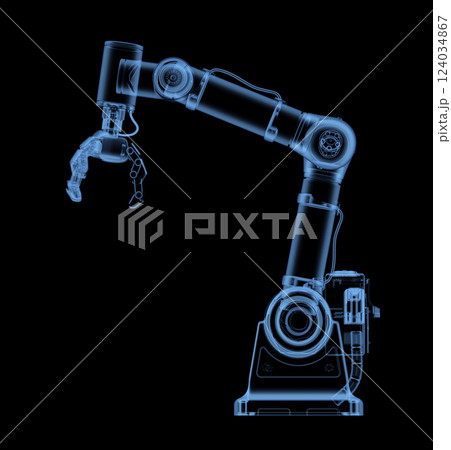 X-ray or transparent ai robotic gripper arm isolated on black 124034867