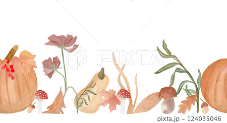 Watercolor horizontal seamless border with pumpkin, autumn leaves, acorns, berries and mushroom on a white background. Botanical seasonal print. Drawing of wallpaper, gift paper, autumn greeting cards Watercolor horizontal seamless border with pumpkin, autumn leaves, acorns, berries and mushroom on a white background. Botanical seasonal print. Drawing of wallpaper, gift paper, autumn greeting cards 124035046
