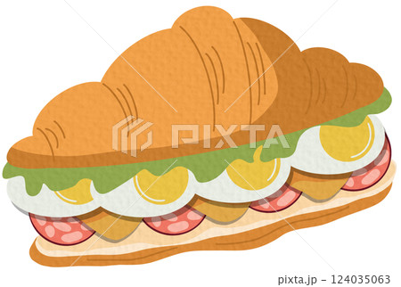 a croissant sandwich filled with lettuce, eggs, cheese, and salami in cartoon style. Bakery for breakfast, brunch, or a quick snack. Vector illustration on a white background. 124035063