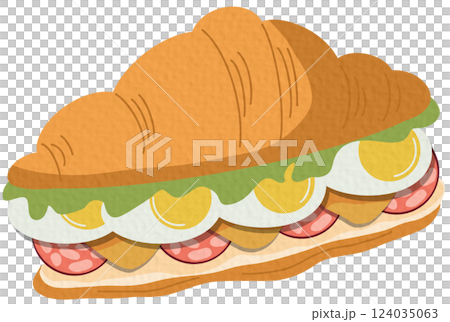 a croissant sandwich filled with lettuce, eggs, cheese, and salami in cartoon style. Bakery for breakfast, brunch, or a quick snack. Vector illustration on a white background. 124035063