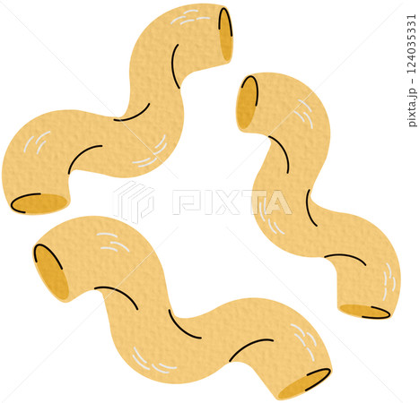 Sorts of pasta. Macaroni, farfalle, penne, fusilli, stelline, ruote, ditalini. Traditional Italian food. Various noodles types. Vector flat cartoon illustration on white background.	 124035331