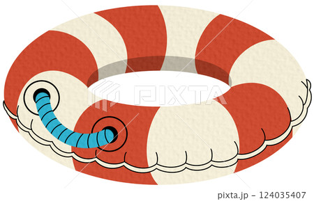 Striped orange and blue Lifebuoy With Rope. Summer pool rubber ring. Swim ring on white background. Striped orange and blue Lifebuoy With Rope. Summer pool rubber ring. Swim ring on white background. 124035407