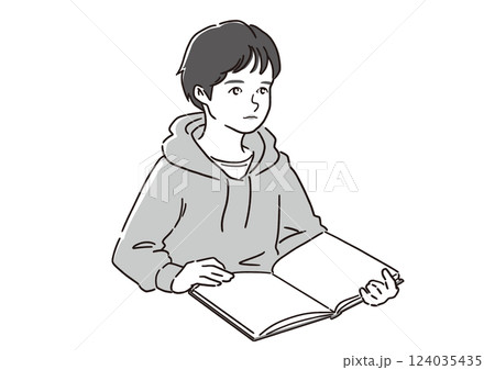 授業を受ける少年 – 教科書を読む学生の教育イラスト（ベクター） 124035435