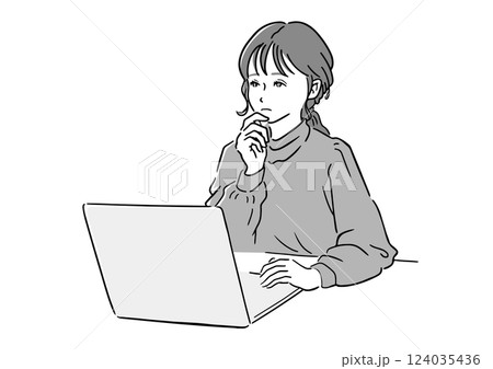 ノートパソコンを見ながら思案する女性 – ビジネス・学習・リモートワークのイメージ（ベクター） 124035436