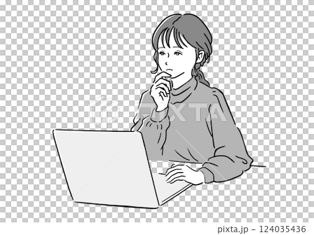 A woman thinking while looking at a laptop - Image of business, learning, and remote work (vector) 124035436