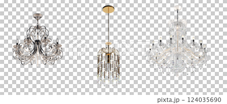 crystal chandelier for the interior isolated on transparent background, home lighting, 3D illustration, cg render crystal chandelier for the interior isolated on transparent background, home lighting, 3D illustration, cg render 124035690