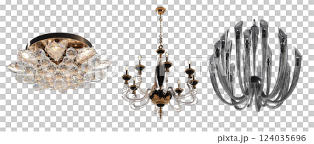 crystal chandelier for the interior isolated on transparent background, home lighting, 3D illustration, cg render crystal chandelier for the interior isolated on transparent background, home lighting, 3D illustration, cg render 124035696