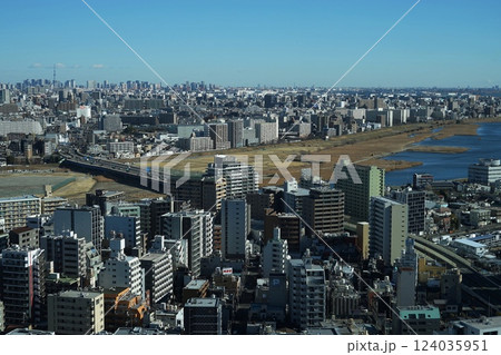 川崎市役所から見た都心東京スカイツリーと六郷橋 2月川崎531東京スカイツリーと多摩川六郷橋 川崎市役所から見た都心東京スカイツリーと六郷橋 2月川崎531東京スカイツリーと多摩川六郷橋 124035951