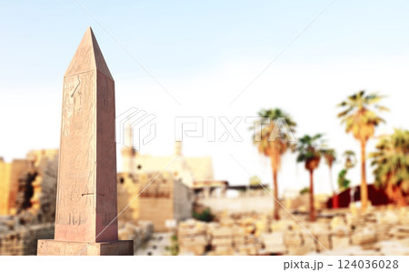 Horizontal banner with ancient egyptian granite obelisk, palm and temple, Luxor (ancient Thebes), Egypt, North Africa. Topic of vacation, travel, trip abroad on vacation, cruises and tours Horizontal banner with ancient egyptian granite obelisk, palm and temple, Luxor (ancient Thebes), Egypt, North Africa. Topic of vacation, travel, trip abroad on vacation, cruises and tours 124036028