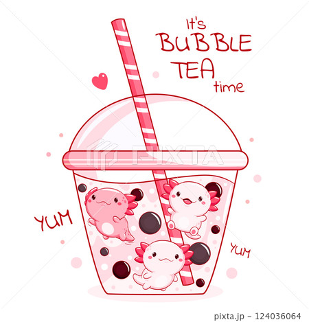 Lovely little axolotl in bubble tea cup. Baby card in kawaii style with cute animals in Boba Tea cup. Childish print with funny cat for t-shirt print, sticker, greeting card design. Vector EPS8 Lovely little axolotl in bubble tea cup. Baby card in kawaii style with cute animals in Boba Tea cup. Childish print with funny cat for t-shirt print, sticker, greeting card design. Vector EPS8 124036064