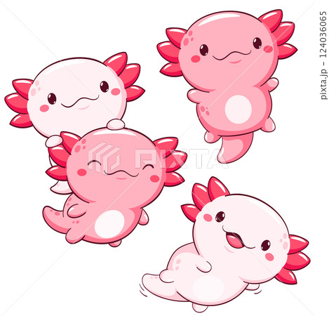 Set of axolotl in kawaii style. Lovely axolotl baby in different poses. Cute axolotl expression sheet collection. Can be used for t-shirt print, sticker, greeting card. Vector illustration EPS8 Set of axolotl in kawaii style. Lovely axolotl baby in different poses. Cute axolotl expression sheet collection. Can be used for t-shirt print, sticker, greeting card. Vector illustration EPS8 124036065