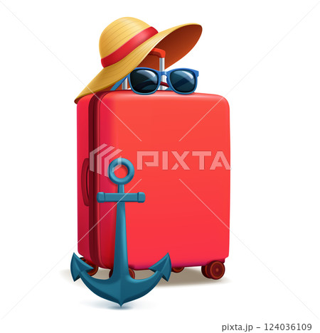 Red suitcase with a straw hat, sunglasses, and an anchor. 124036109