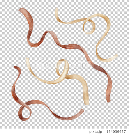 Set of ribbons, braid red, beige. Watercolor illustration of strip hand drawn in retro style on isolated background. Elements for design Christmas greeting cards, New Year invitations, vintage labels 124036457