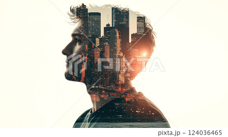 A double exposure image of a businessman overlaid with a modern city skyline. The concept of corporate vision, urban development, and the connection between business and metropolitan growth. A double exposure image of a businessman overlaid with a modern city skyline. The concept of corporate vision, urban development, and the connection between business and metropolitan growth. 124036465