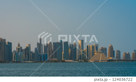 The skyline of West Bay and Doha City Center during sunrise, Qatar The skyline of West Bay and Doha City Center during sunrise, Qatar 124036722