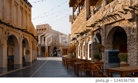 Doha, Qatar - 10092024: Architecture details of traditional arabian market Souq Waqif in Doha City in Qatar 124036750