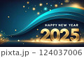 Christmas and New Year card. Number 2025 on holiday background. Christmas lights bokeh background. Holiday postcard. Happy New Year 2025 Card Concept. 124037006