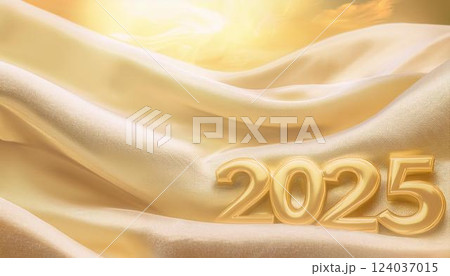 Christmas and New Year card. Number 2025 on holiday background. Christmas lights bokeh background. Holiday postcard. Happy New Year 2025 Card Concept. 124037015