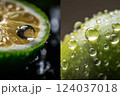 Trendy healthy diet. Water drops on green leaf in rays of sun, close-up macro. Raindrops on textured leaf in nature. ripe fresh half an avocado. water droplets on the peel of a green avocado 124037018
