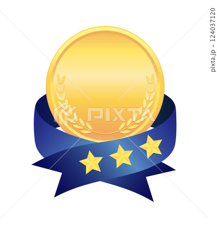 3つの星がついた青いリボンと金色のメダルのイラスト 124037120
