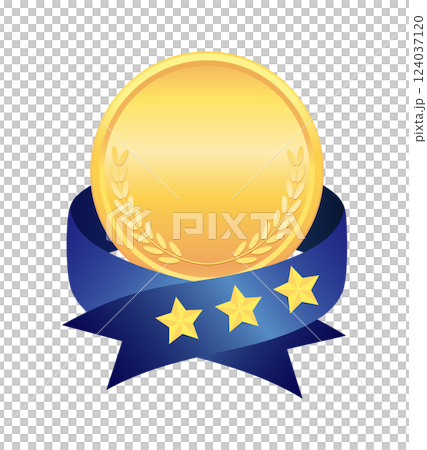 3つの星がついた青いリボンと金色のメダルのイラスト 124037120