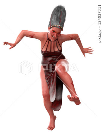 3D Scary witch with red skin in leather dress 124037311