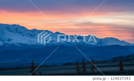 A fiery sunset in the mountains. 124037343