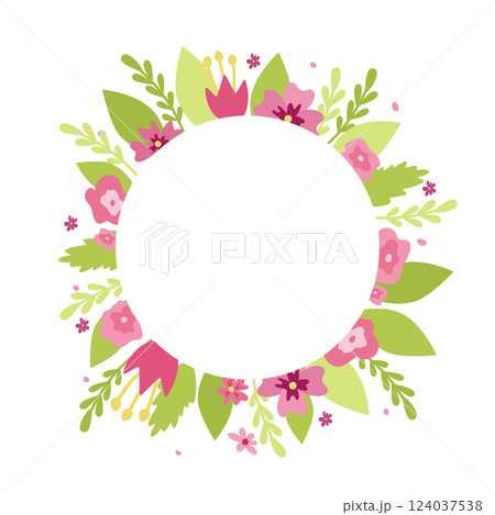 Flower frame in the shape of a circle. Delicate pink flowers and green leaves. Vector illustration isolated. 124037538