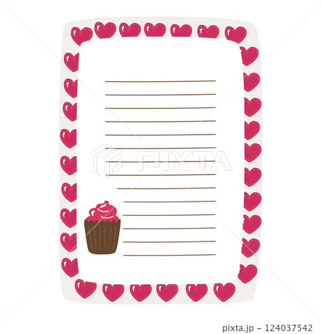 The letter form is vertical in a frame of hearts and cakes, lined. Vector illustration in hand-drawn style. 124037542