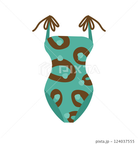 One-piece turquoise women's swimsuit with abstract ornament and straps with ties. Fashionable illustration of clothes for sea holidays and sunbathing in hot summer. One-piece turquoise women's swimsuit with abstract ornament and straps with ties. Fashionable illustration of clothes for sea holidays and sunbathing in hot summer. 124037555